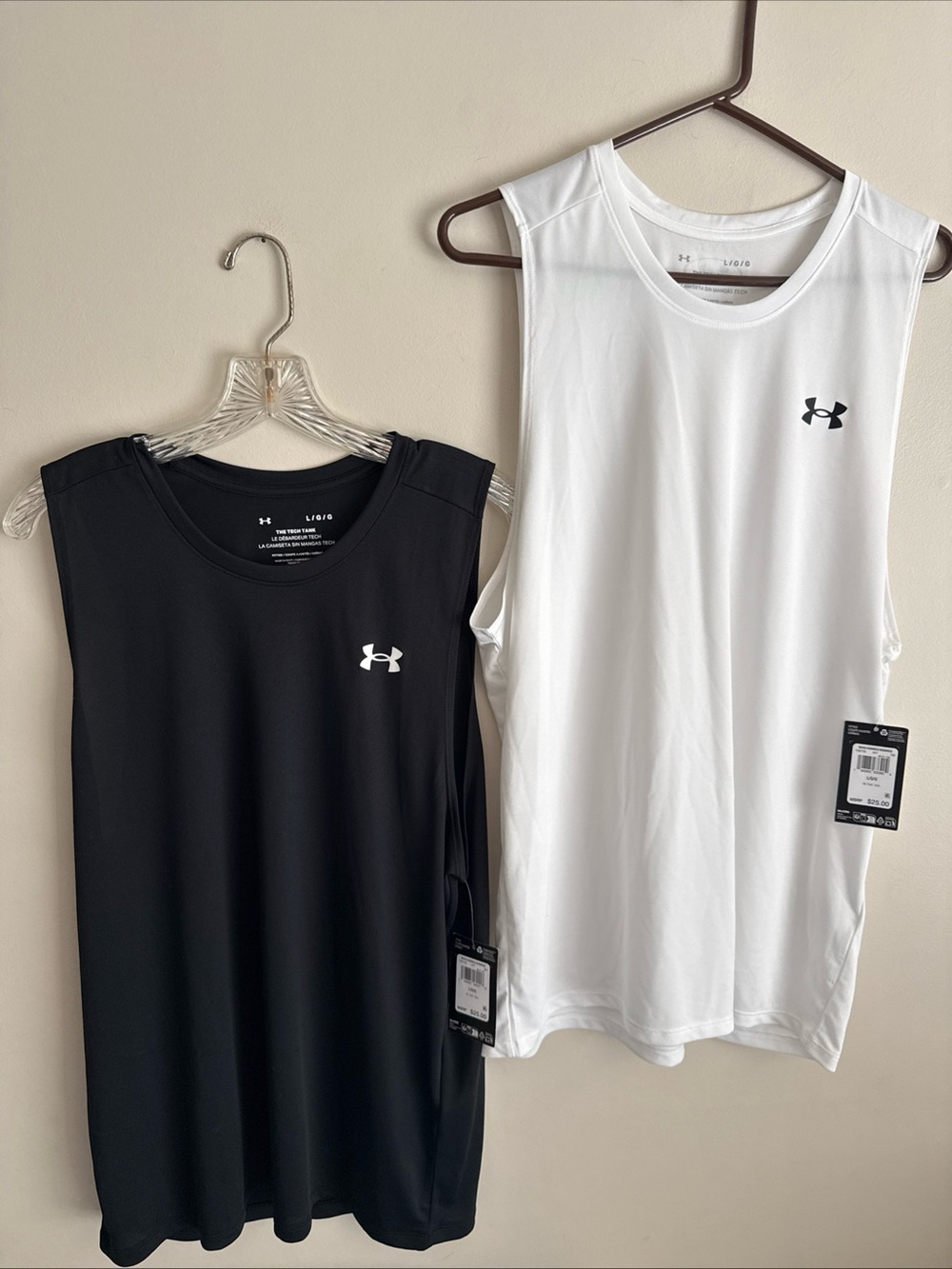 Two NWT Mens Under Armour Gym Tech Tanks Shirts Large Black White Workout Fitted